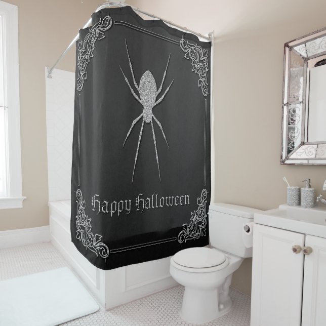 Silver Spider Halloween Shower Curtain (In Situ)