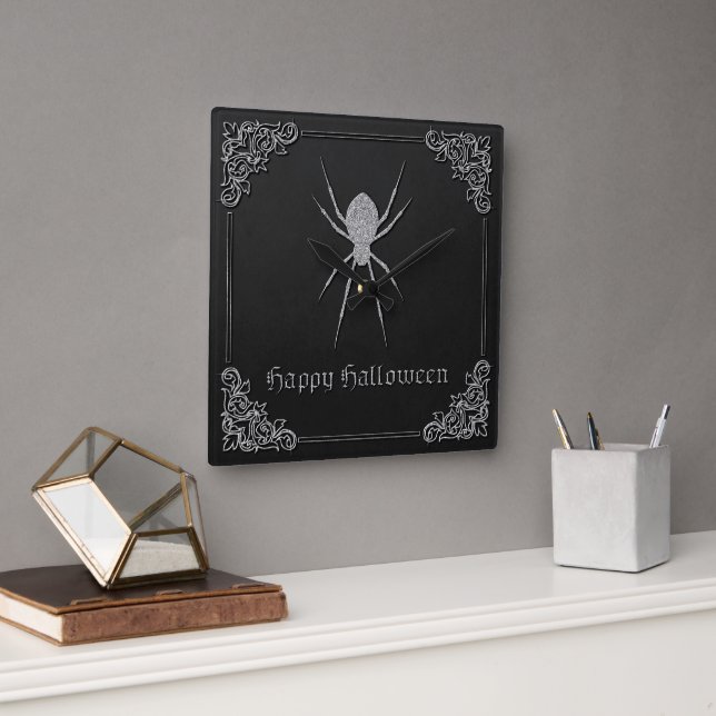 Silver Spider Halloween Square Wall Clock (Office)