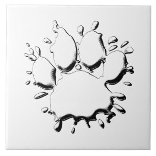 Silver Splatter Dog Paw Drawing Ceramic Tile