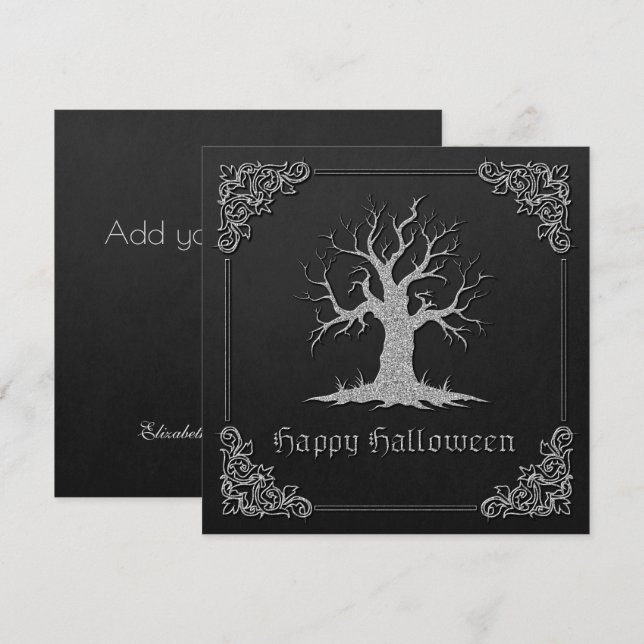 Silver Spooky Tree Halloween Greeting Card (Front/Back)
