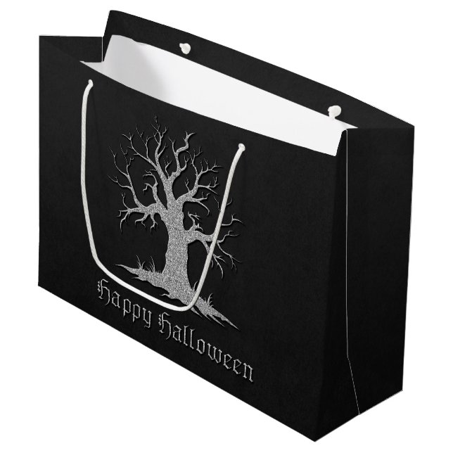 Silver Spooky Tree Halloween Large Gift Bag (Front Angled)