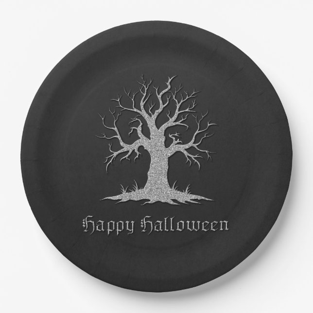 Silver Spooky Tree Halloween Paper Plate (Front)