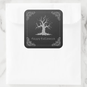 Silver Spooky Tree Halloween Square Sticker