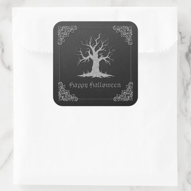 Silver Spooky Tree Halloween Square Sticker (Bag)