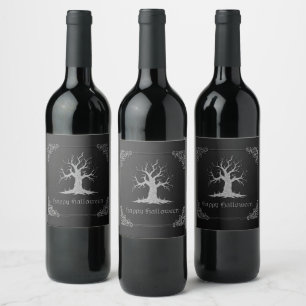 Silver Spooky Tree Halloween Wine Label