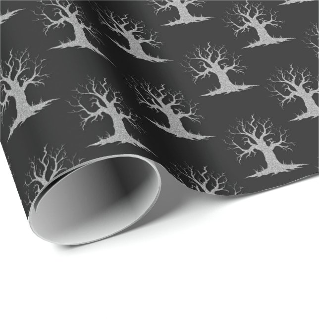 Silver Spooky Tree Halloween Wrapping Paper (Roll Corner)