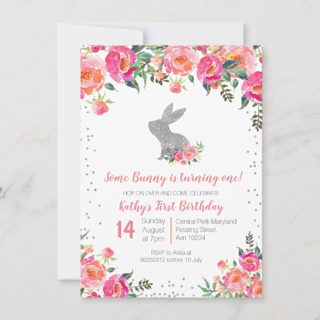 Silver Spring Bunny Birthday Floral Invitation (Front)