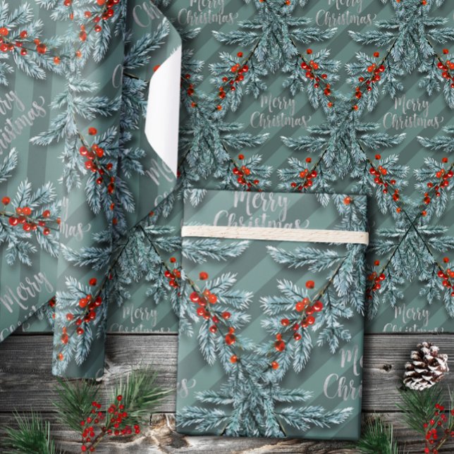 Silver Spruce Red Berries Lattice Merry Christmas Wrapping Paper (Creator Uploaded)