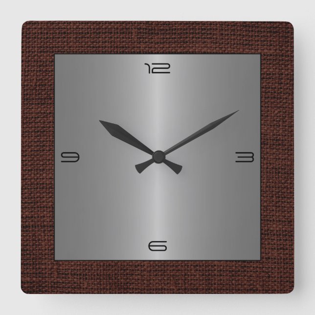 Silver Stainless Steel Modern Burlap Border #2 Square Wall Clock (Front)