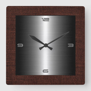 Silver Stainless Steel Modern Burlap Border Square Wall Clock