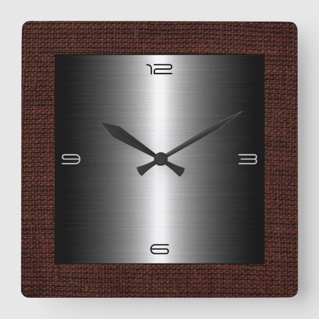Silver Stainless Steel Modern Burlap Border Square Wall Clock (Front)