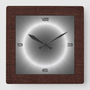 Silver Stainless Steel Modern Burlap Border Square Wall Clock