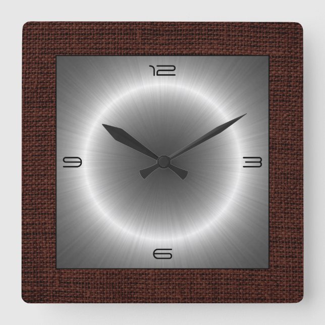 Silver Stainless Steel Modern Burlap Border Square Wall Clock (Front)