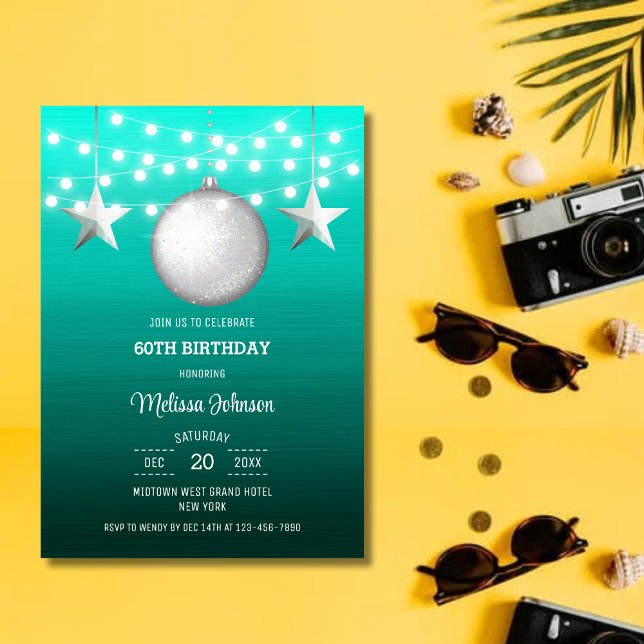 Silver Star Christmas Ball Teal Gradient Birthday Invitation (Creator Uploaded)