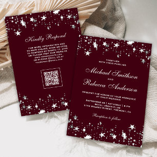 Silver Star Confetti Burgundy QR Code Wedding Invitation