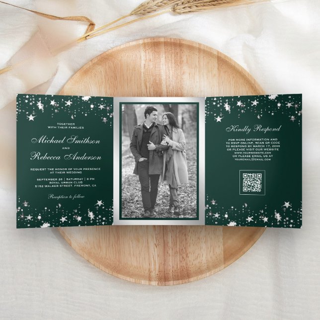 Silver Star Confetti Emerald Green QR Code Wedding Tri-Fold Invitation (Creator Uploaded)