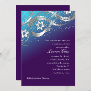 Silver Star Confetti Flourish Mitzvah Turquoise Invitation