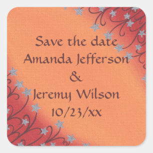 Silver Star Flowers, Red Orange Save date Stickers