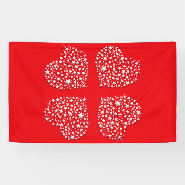 Silver Star Hearts on Red Background Banner (Horizontal)