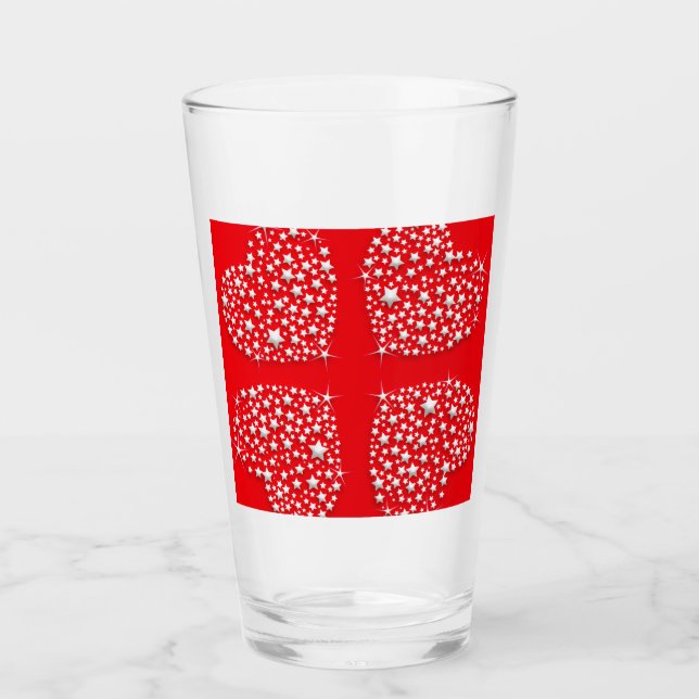 Silver Star Hearts on Red Background Glass (Front)