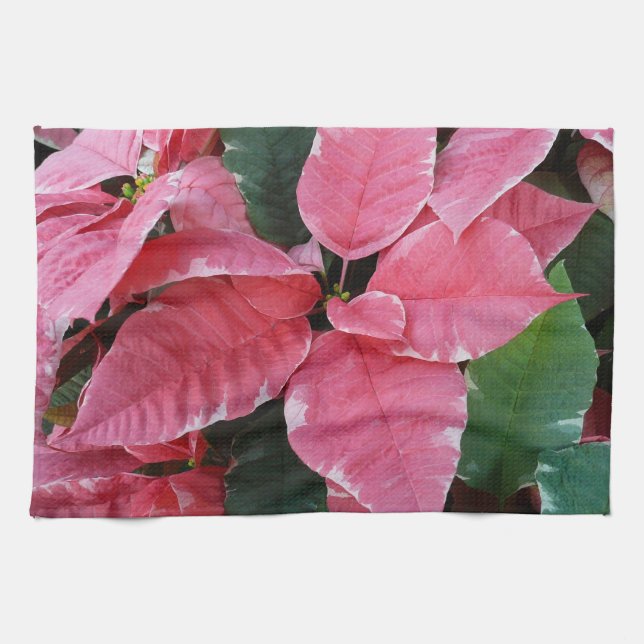 Silver Star Marble Poinsettias Pink Holiday Floral Tea Towel (Horizontal)