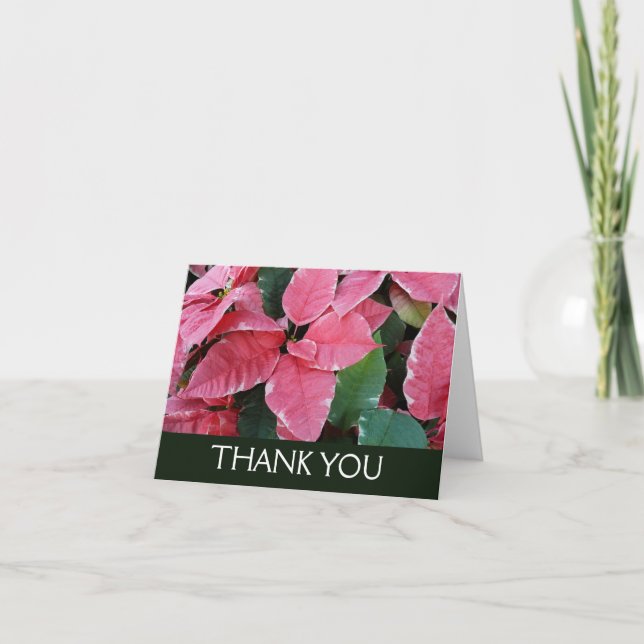 Silver Star Marble Poinsettias Pink Holiday Floral Thank You Card (Front)