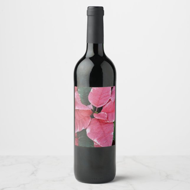 Silver Star Marble Poinsettias Pink Holiday Floral Wine Label (Front)