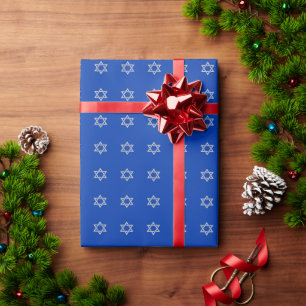 Silver Star of David on Blue Wrapping Paper