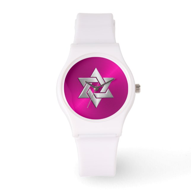 Silver Star of David on Hot Pink Watch (Front)