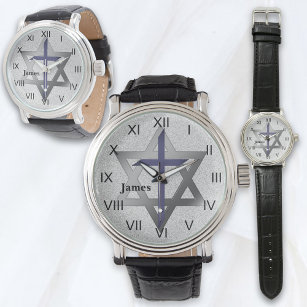 Silver Star of David With Blue Cross Watch