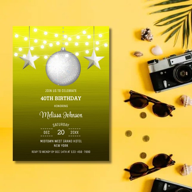 Silver Star String Light Yellow Gradient Birthday Invitation (Creator Uploaded)