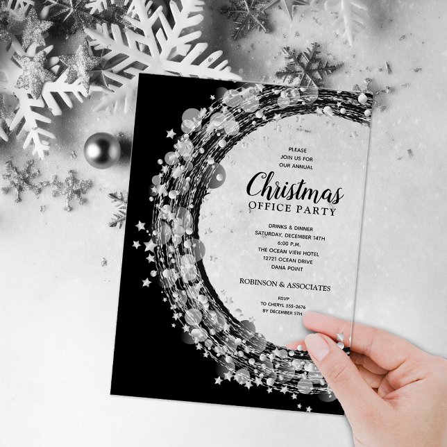 Silver Star Wreath Christmas Party Acrylic Invitations (Silver twinkling star wreath ACRYLIC Christmas party invitations)