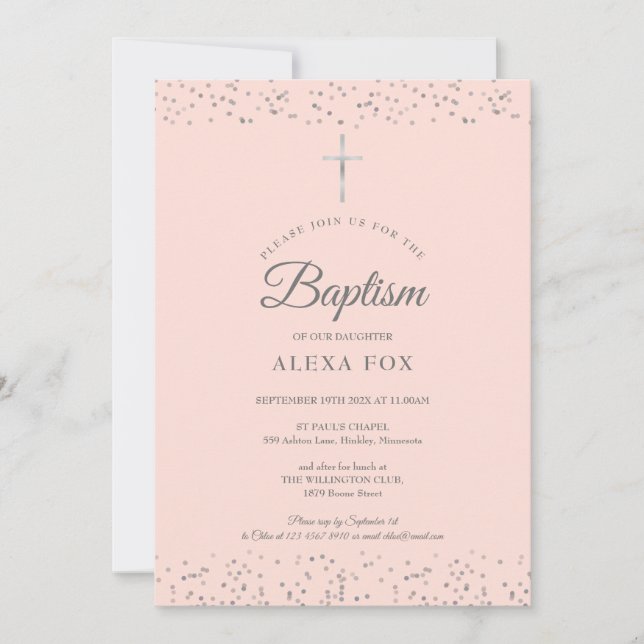Silver Stardust Baptism Christening Blush Pink Invitation (Front)