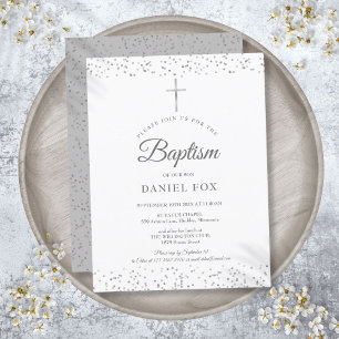 Silver Stardust Baptism Christening Invitation