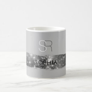 Silver Stardust Brush Stroke, Monogram/Name, Grey Coffee Mug
