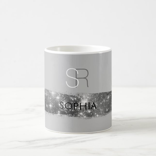 Silver Stardust Brush Stroke, Monogram/Name, Grey Coffee Mug (Center)