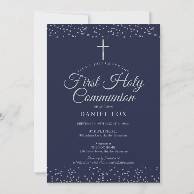 Silver Stardust First Holy Communion Navy Blue Invitation (Front)