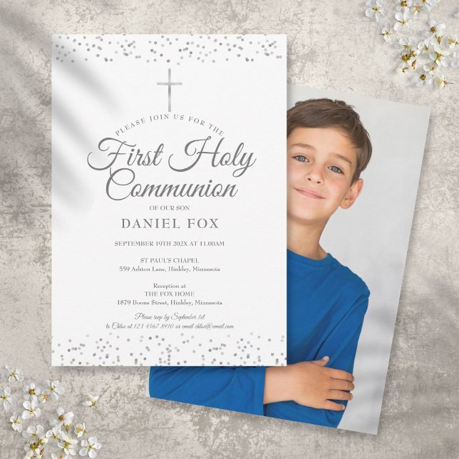 Silver Stardust First Holy Communion Photo Invitation (Creator Uploaded)