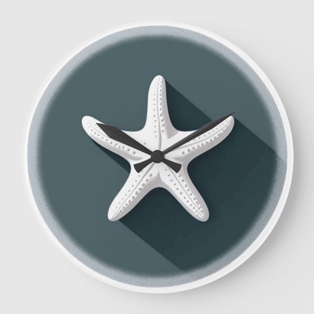 Silver Starfish with Black Background Large Clock (Front)