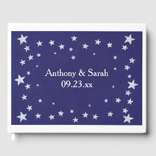 Silver Stars Border on Navy Blue Wedding Guestbook