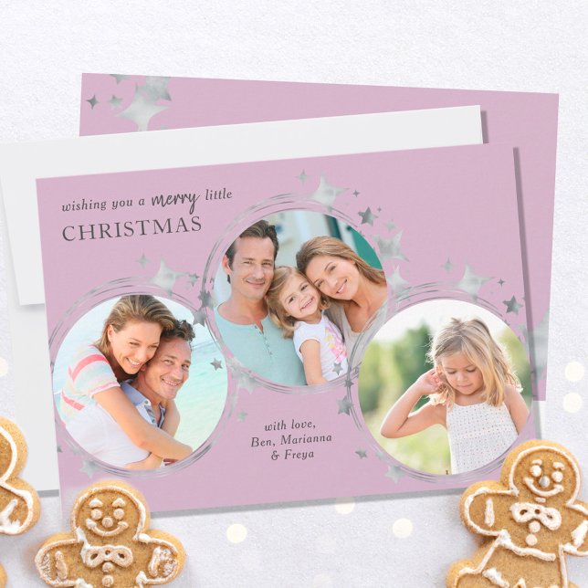 Silver Stars Christmas Photo Trio Pastel Pink Holiday Card (Creator Uploaded)