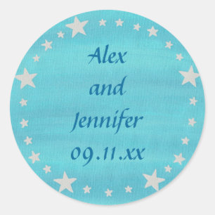 Silver Stars Circle on Blue Save the date stickers