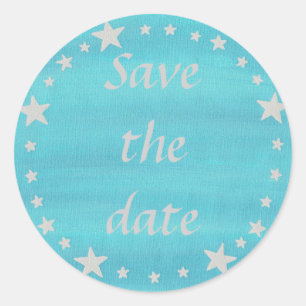 Silver Stars Circle on blue Save the date stickers