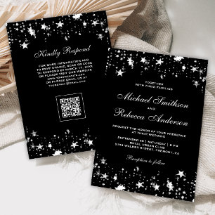 Silver Stars Confetti Black QR Code Wedding Invitation