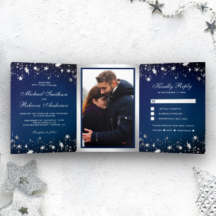 Silver Stars Confetti Midnight Blue Galaxy Wedding Tri-Fold Invitation