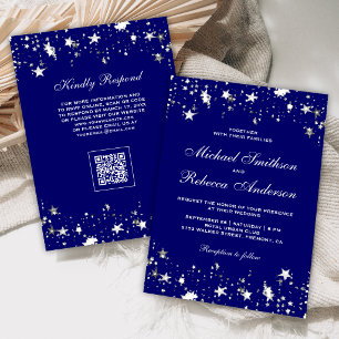 Silver Stars Confetti Royal Blue QR Code Wedding Invitation