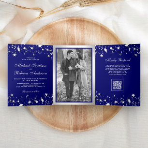 Silver Stars Confetti Royal Blue QR Code Wedding Tri-Fold Invitation