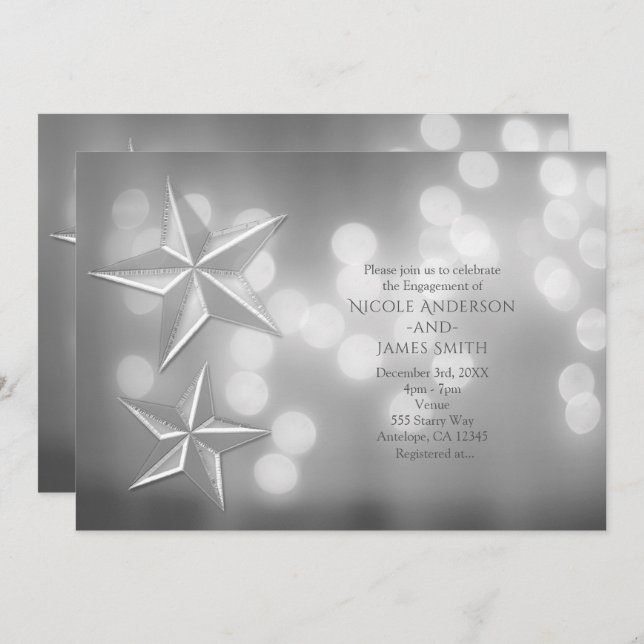 Silver Stars & Elegant Bokeh Lights Engagement Invitation (Front/Back)