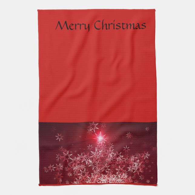 Silver stars on a red background tea towel (Vertical)