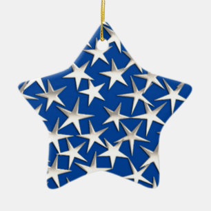Silver stars on cobalt blue ceramic ornament